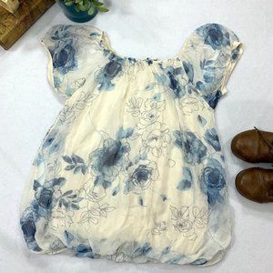 Marina Gigli 100% Silk Floral Cream & Blue Flowers Top Size Small